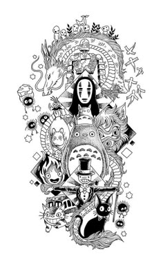 a black and white drawing of a woman surrounded by other things