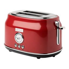 a red toaster sitting on top of a white table