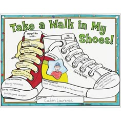 a poster with an image of a pair of shoes and words written on the side