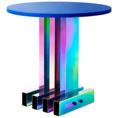 a blue table with three different colored bars on it's legs and the base is made out of metal