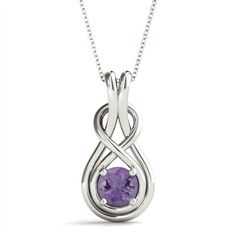 "This stunning necklace is perfect for the modern woman who loves to keep her loved ones close to her heart. The 14k white gold and amethyst stone make this piece a luxurious and timeless addition to any jewelry collection. Whether you're giving this as a gift or keeping it for yourself, our love knot necklace is sure to make anyone feel special. 💎 PRODUCT DETAILS: * 1/6 ct total weight round cut AA Genuine Amethyst (Best Quality Available for Amethyst).  * Complimentary 925 Sterling Silver Chain for Presentation  * Optional Add-on 14K Gold chain (Please message for design options and pricing)   * Also available in yellow and rose gold  * 16\" chain (Additional sizes available upon request - please message) * Gift Ready: This Lovely Pendant comes in a Stylish Jewelry Gift Box.  * Shop wit Love Knot Necklace, Amethyst Jewelry, February Birthstone, Love Knot, 925 Sterling Silver Chain, Knot Necklace, Anniversary Gift For Her, February Birth Stone, Stunning Necklace