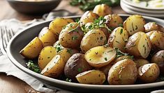 a plate full of potatoes with parsley on the top and side dishes in the background