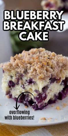 blueberry breakfast cake on a white plate with crumbled topping and text overlay