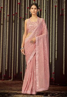 Pink georgette sequence saree with blouse 19004  Desc:  Color : Pink Saree Fabric : Georgette Work : Sequence Wash Care : Dry clean Sleeve Style : Sleeveless Long Sleeves : Done only in Custom Stitch Sleeves Lining : Done only in Custom Stitch Bust Size : 32 to 42 Inches Occasion : Party Wear   Wedding   Mehendi   Sangeet   Reception   Social Gathering   Gudi Padwa. With Express Free Shipping and Custom Stitching, Buy Indian Party wedding wear Bridal saris Pink georgette sequence saree with blou Latest Traditional Dresses, Reception Saree, Sequence Saree, Bridesmaid Saree, Modern Saree, Party Wear Saree, Indian Sarees Online, Wedding Saree Indian, Utsav Fashion