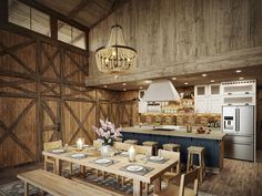 a dining room table and chairs in front of a kitchen with wood paneled walls