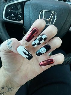 #nailsnailsnails #acrylic #checkered #flame #redchrome #8ball #blackandwhite Fire And Checker Nails, Monster Jam Nails, Nail Ideas Checkered, Car Themed Nails, Checkered Print Nails, Car Nails Designs, Moto Nails, Black Western Nails, Black Checkered Nails