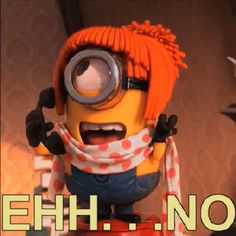 a minion with an orange hair and glasses on it's head, wearing a polka dot scarf