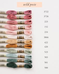 six skeins of embroidery thread in different colors and sizes, with the words wild post