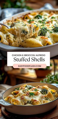 chicken and broccoli alfredo stuffed shells in a casserole dish with text overlay