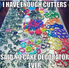 there are many different kinds of scissors on the table with words that say, i have enough cutters said no cake decorator ever