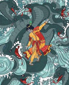 an image of a man riding on the back of a large dragon in water with other fish around him