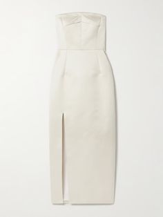 Ivory Pola strapless duchesse-satin midi dress | EMILIA WICKSTEAD | NET-A-PORTER Emilia Wickstead, Flat Dress Shoes, Dress Flats, Strapless Neckline, Fantasy Gowns, Minimal Aesthetic, Satin Midi Dress, Everyday Wardrobe, Wide Leg Trousers