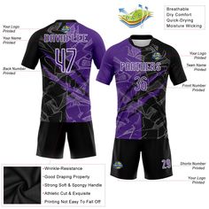 Our customizable design allows you to create a unique jersey that reflects your team's style and spirit. The abstract multicolored pattern adds an edgy touch to your jersey, making your team stand out! Features: 1. Material: Made from 100% polyester wicking knit with 95% polyester / 5% spandex wicking pinhole mesh 2. Jerseys with sublimation printed name and numbers 3. Moisture-wicking fabric has spongy handle, good draping property and elasticity as well as good dimensional stability and wrinkle-resistance 4. Breathable & Quick-Drying 5. Athletic Cut & Exquisite stitching not easy to fall off 6. Slim fit follows your body's shape closely to let you move freely 7. Ventilated mesh panel insertsy 8. Set includes jersey, shorts with drawstring elastic waistband 9. Tagless Collar offers clean Fitted Black Jersey With Graphic Print, Black Sportswear Sublimation Design With Custom Print, Team-colored Fitted Sublimation Design With Custom Print, Black Training Sublimation T-shirt With All Over Print, Black Sublimation Design Team Spirit Shirt, Black Fitted Short Sleeve Jersey, Purple Graphic Print Sublimation Design For Sports Events, Black All Over Print Short Sleeve Jersey, Black Fitted Sublimation Shirt With Crew Neck