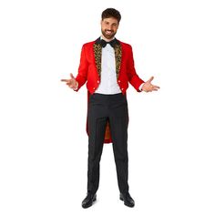 This fun and unique Circus Director tuxedo costume is perfect for Halloween, school plays, or a circus-themed birthday party. This fun and unique Circus Director tuxedo costume is perfect for Halloween, school plays, or a circus-themed birthday party. FEATURES Includes: tailcoat, pants and bowtie Long sleevesFIT & SIZING Modern fitFABRIC & CARE Polyester Machine wash Imported Color: Red. Gender: male. Age Group: adult. Red Long Sleeve Party Costumes, Fitted Tuxedo Suit For Costume Party, Red Fitted Blazer For Costume Party, Tailcoat Suit, Pool Beach Party, Animal Party Theme, Girls Tea Party, Halloween Tableware, Boho Birthday