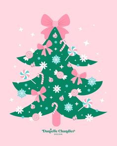 a pink christmas tree with candy canes and bows on it's head, against a pink background