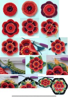 crocheted flowers are shown in many different colors