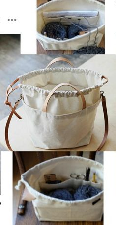 three pictures showing how to make a bag with yarn and leather handles, including the inside lining