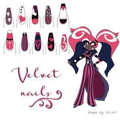 Nail design inspired by the Velvet, character from Hazbin Hotel, made by me Velvet Nail Art, Cartoon Nail Designs, Character Nails, Fan Nails, Negative Space Nail Art, Velvet Nails