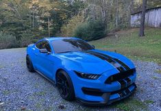 a blue mustang parked on gravel in front of trees