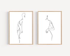 two framed art prints with one line drawing of a woman's body and the other is