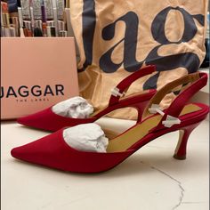 Jaggar The Label Epoch Slingback Red Kitten Heel *Worn Once, Too Big On Me - In Perfect Condition! *Comes With Box And Shoe Bag Cream High Heels, Red Kitten Heels, Denim Heels, Zara Heels, Caged Heels, Black Dress Shoes, Leather Platform Sandals, Bow Heels, Strap Pumps