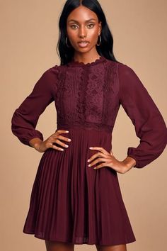 Dresses for Women | Best Women's Dresses Online Skirt Lulus, Burgundy Long Sleeve Dress, Burgundy Skater Dress, Pretty Midi Dresses, Long Sleeve Skater Dress, Lace Skater Dress, Burgundy Lace, Fall Dress, Lace Long Sleeve