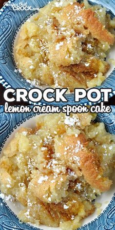 crock pot lemon cream spoon cake on a blue and white plate