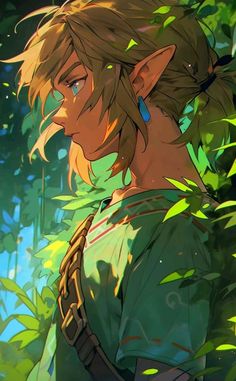 the legend of zelda is standing in front of some trees and bushes with his eyes closed