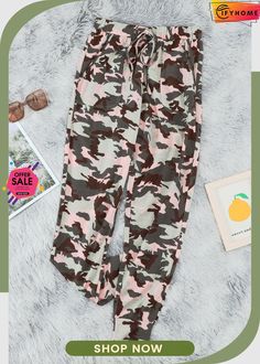 Pink Camouflage Casual Sports Pants Sporty Camouflage Bottoms With Pockets, Casual Camouflage Bottoms With Elastic Waistband, Camouflage Loungewear Pants With Pockets, Camouflage Pants With Pockets For Loungewear, Camouflage Lounge Pants With Pockets, Spring Camouflage Outdoor Bottoms, Spring Outdoor Camouflage Bottoms, Sporty Camouflage Bottoms For Outdoor, Camouflage Bottoms For Outdoor Spring Activities