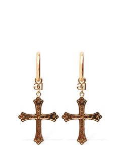 Gold-colored brass. Crystal. Post back closure Dolce Gabbana Jewelry, Dolce And Gabbana Earrings, Crystal Cross, Cross Earrings, Gold Crystal, Earrings Gold, Gold Earrings, Jewelry Collection, Dolce And Gabbana