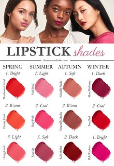 Spring Lipstick Colors, Warm Spring Makeup, Winter Lipstick Colors, Deep Autumn Makeup, Summer Lipstick Colors, True Winter Color Palette, Soft Summer Makeup, Cool Summer Palette