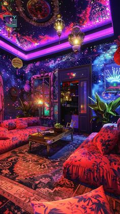 a living room filled with lots of furniture and colorful lights on the ceiling above it