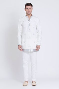 Ivory linen kurta with stone, thread patchwork embroidery in crown pattern. Paired with a pant. - Aza Fashions White Linen Kurta With Resham Embroidery, Festive Linen Kurta With Embroidered Border, Eid Linen Kurta With Embroidered Border, Patchwork Embroidery, Men Kurta, Crown Pattern, Full Sleeves, Pant Set, Mandarin Collar