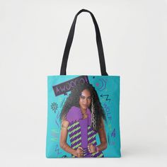 a blue bag with an image of a woman holding a purple scarf on it's shoulder