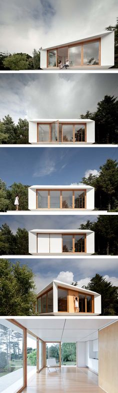 four different views of the inside and outside of a house with multiple levels to each level