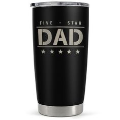 a black and silver tumbler with the words five star dad on it