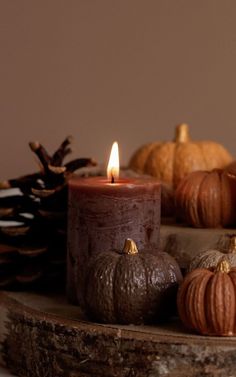 a candle sitting on top of a wooden tray filled with pumpkins