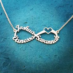 ♾ Order any name for your personalized, custom made, Infinity name necklace!♾ A great gift, hand made for you in all solid sterling silver nameplate and chain stamped 925. ♾ Choose you chain length and the birthstone as well!♾ 4 cm  1.6 inches, wide, 1.2 mm upgraded nameplate thickness.♾ Please send me the names in a message to me on etsy.  (each name must have one capital letter only: for special orders, please write for prices)----------Shipping----------➡I will make and ship your personalized Silver Infinity Necklace, Infinity Necklace Silver, Monogram Pendant, Silver Monogram, Infinity Necklace, Monogram Necklace, Personalized Necklace, Name Necklace, Initial Necklace