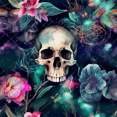 a skull surrounded by flowers and butterflies on a dark blue background with stars in the sky