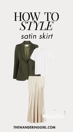 16 Amazing Satin Skirt Outfits Everyone Is Obsessed With - The Wandering Girl Silk Skirt Outfits Winter, How To Style Slip Skirt, Satin Skirt Office Outfit, Silk Skirt Winter Outfit, Satin Skirt Street Style, Silk Midi Skirt Outfit, Satin Midi Skirt Outfits, Green Skirt Outfits