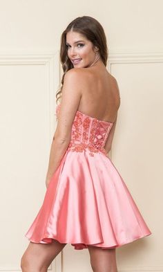 Cute and sparkly, this strapless short homecoming dress is a fresh and flirty style for your big night. Whether you are attending homecoming, a sweet-16 party, or another semi-formal event, this sweetheart cocktail dress is so stylish. The short strapless party dress has a sheer beaded corset-style bodice with lace-up back bands that adjust for the best fit. The sweet semi-formal dress has a short a-line skirt that flows to the hem in a figure-flattering shape, while side pockets allow you to ke Dresses With Beads, Beaded Corset, Flirty Style, Short Party Dresses, Short Homecoming Dresses, Strapless Party Dress, Semi Formal Dress, Short Homecoming Dress, Big Night