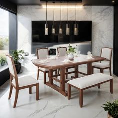 a dining room table with chairs and a bench in front of a large glass window