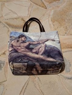 Tote bag Adam Michelangelo painting printed Beach bag Artistic Canvas Shoulder Bag As Gift, Artistic Canvas Shoulder Bag For Gift, Artistic Handmade Rectangular Canvas Bag, Handmade Artistic Rectangular Canvas Bag, Artistic Handmade Shoulder Bag For Shopping, Michelangelo Painting, Adam Michelangelo, Michelangelo Paintings, Paint Print