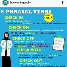 a poster with the words 5 phrasal verbs check in and an image of a woman wearing a hijab