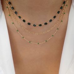 Attached layers, includes everything pictured Material: gold plated brass Length: 14" + 2" extension IMPORTED Green Jewelry With Delicate Chain For Layering, Layer Necklace, Necklace Green, Green Necklace, Green Gemstones, Mixed Metals, Layered Necklaces, Diy Jewelry, Layering