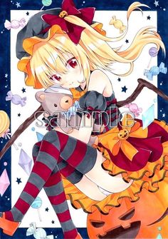 an anime character holding a teddy bear in her hand and wearing a witch costume, with stars on the background