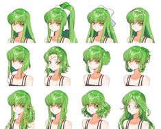 an anime character's green hair is shown in many different positions and sizes, including the