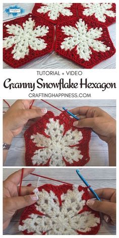 crochet granny snowflake hexagon pattern is shown in three different views