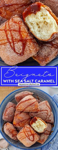 some food that is on a plate and in a bowl with the words, beginner's recipe with sea salt caramel