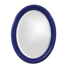 a round mirror with blue trim around the edges and an oval shape on the front